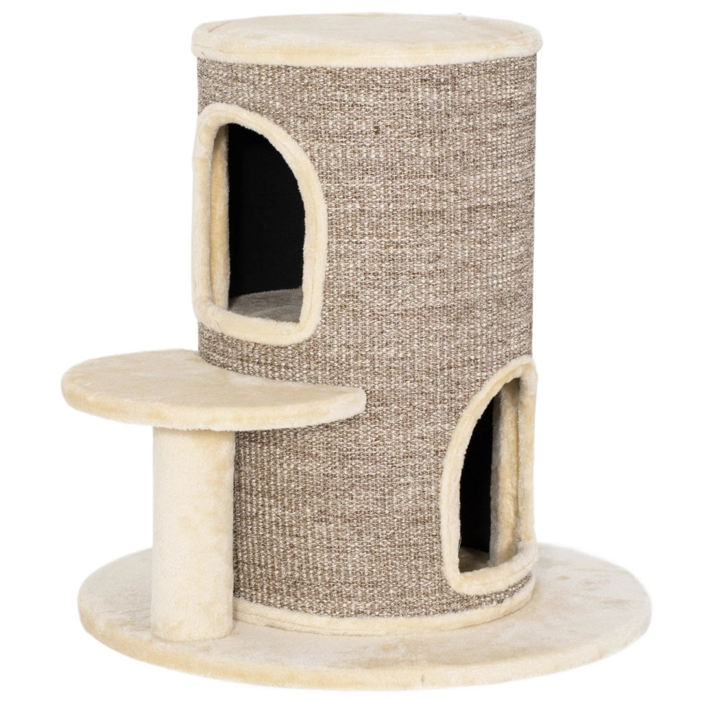 Torre per Gatti a 2 Livelli 60x60x61 cm con 2 Nascondigli Piattaforma Superficie in Sisal Beige e Marrone