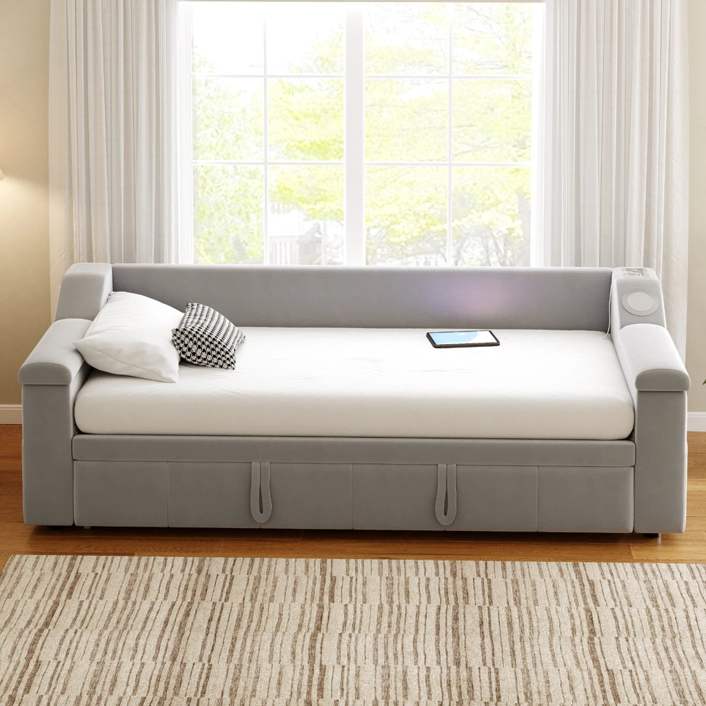 Letto estraibile imbottito con Bluetooth USB vani portaoggetti rete a doghe velluto grigio chiaro