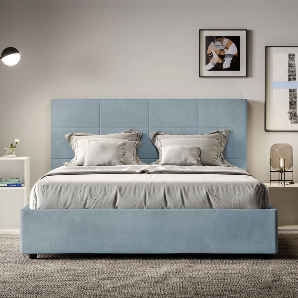 BS COM Letto matrimoniale francese senza rete imbottito 140x190 microfibra azzurro