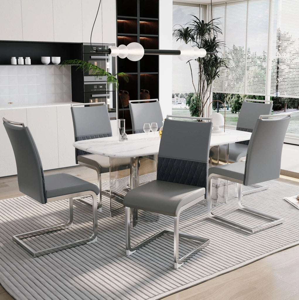 Set di 6 Sedie da Pranzo Moderne con Schienale in PU e Lino, Seduta Imbottita e Design Ergonomico, Colore Grigio