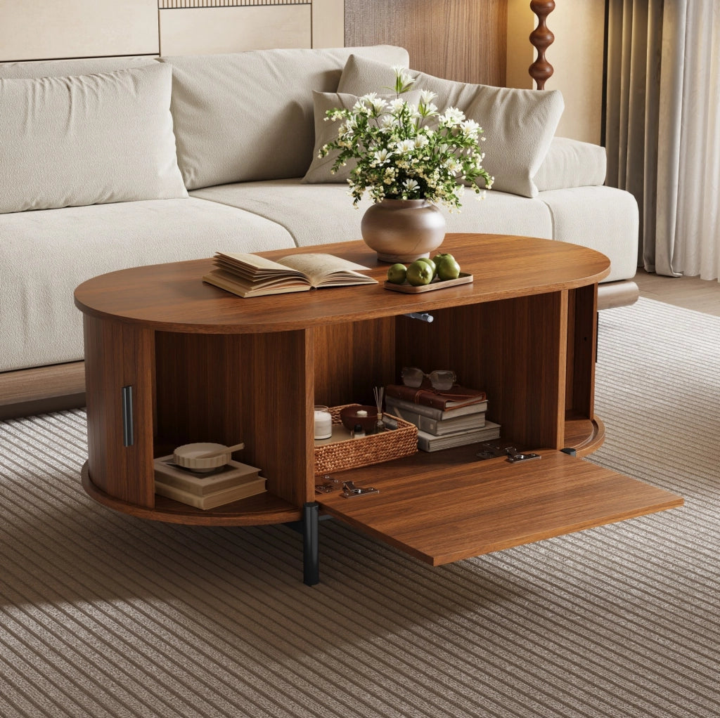 Tavolino da salotto ovale 100x50 cm con ante scorrevoli in rattan color noce HOMVRA