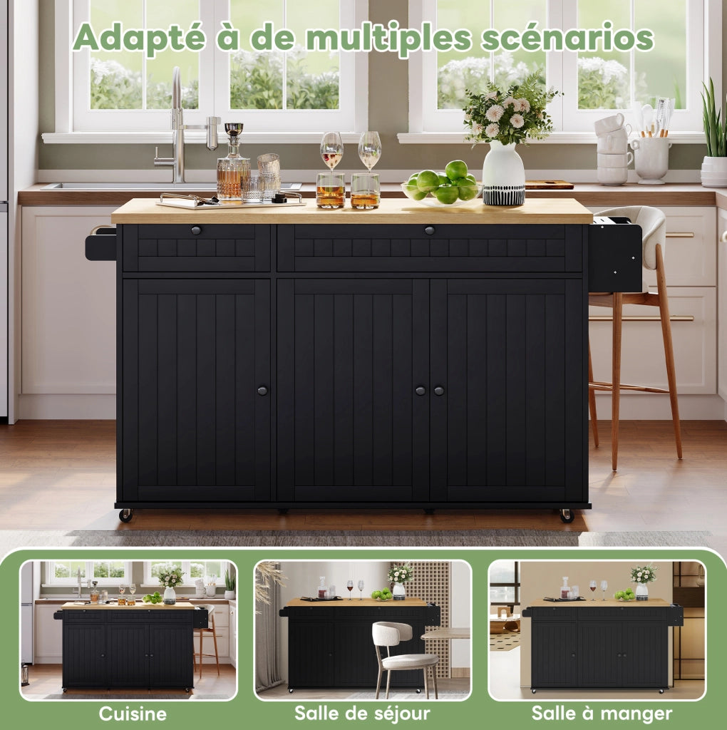 Isola da Cucina con Piano di Lavoro Ribaltabile, Carrello Mobile con 6 Ruote Blocabili, 2 Cassetti Grandi, Scaffale Porta Stoviglie e Armadietto, Nero, 137 x 89,5 x 45 cm