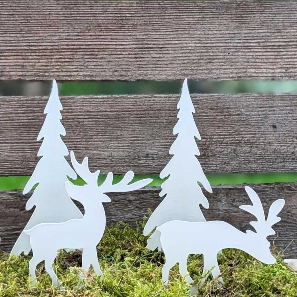 Set di 4 pezzi: 2 alci e 2 alberi di Natale in metallo, bianco, decorazione natalizia e autunnale per vasi da fiori, corone dell'Avvento e ghirlande per porte