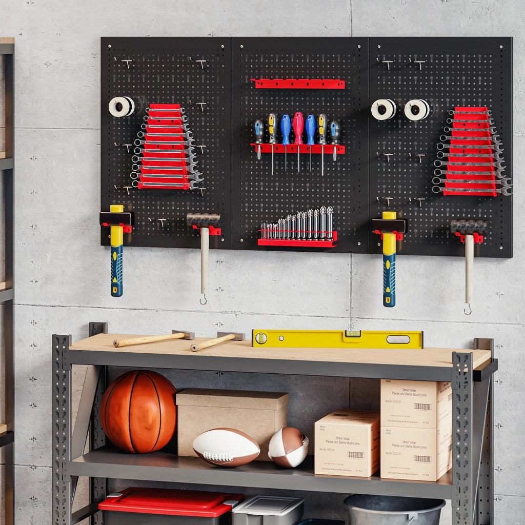 Pannello Forato da Parete Porta Attrezzi 60 x 40 cm con 28 Pezzi Contenitori e Ganci, Organizer per Officina e Garage, Nero e Rosso