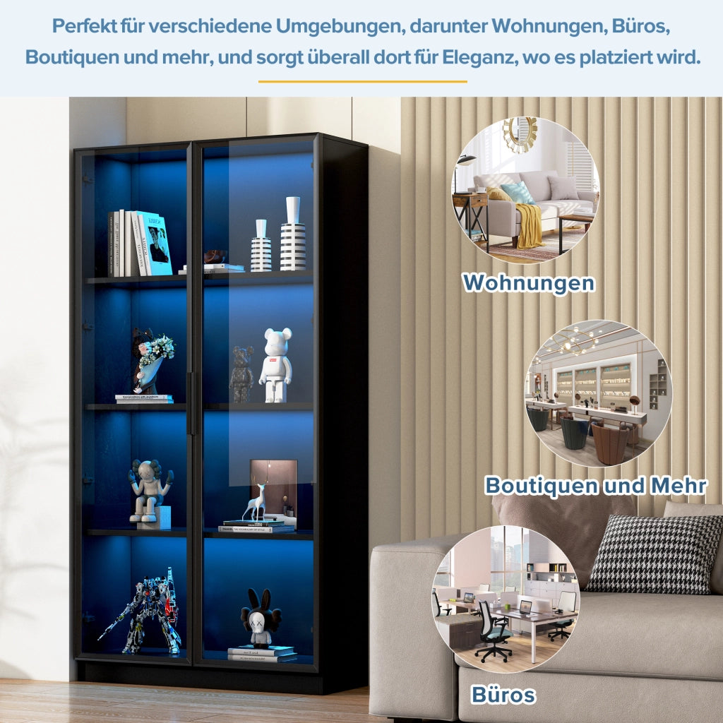 Vetrina con ante in vetro e telaio in alluminio; ripiani regolabili; illuminazione LED controllabile tramite app; nera