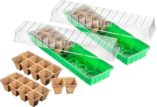 Cassa per piante - 54 x 15 x 12 cm - 2 pezzi - con livelli e vasche d'acqua - Incluso 32 vasi per seme / serra per semi e piante giovani / 9968210.
