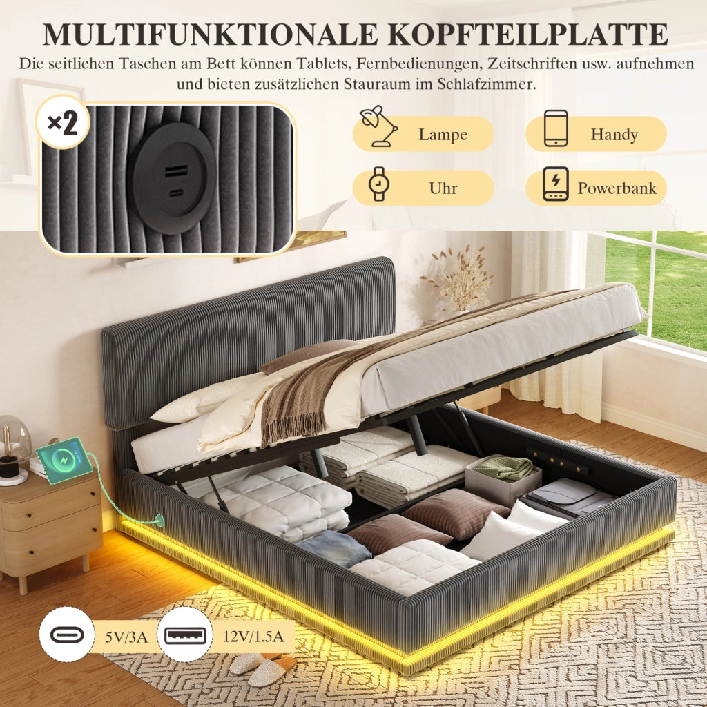 Letto imbottito moderno 160x200 cm con illuminazione LED, testiera regolabile e tessuto in velluto a coste grigio