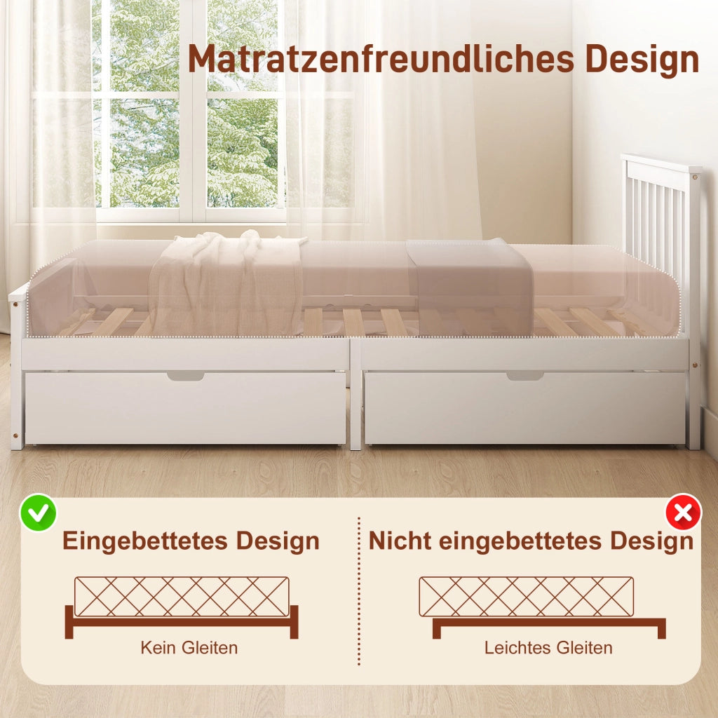 Letto Singolo 90 x 200 cm in Legno Bianco con 2 Cassetti su Ruote, Giroletto Robusto e Salvaspazio per Camera da Letto