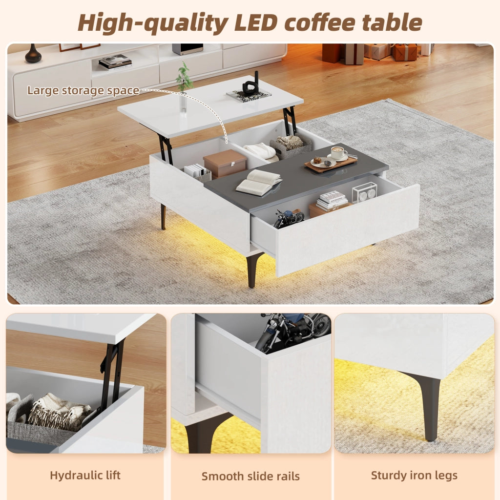 Tavolino basso alzabile con vano e cassetto LED in MDF bianco e grigio piano regolabile 70 × 70 × 35 cm
