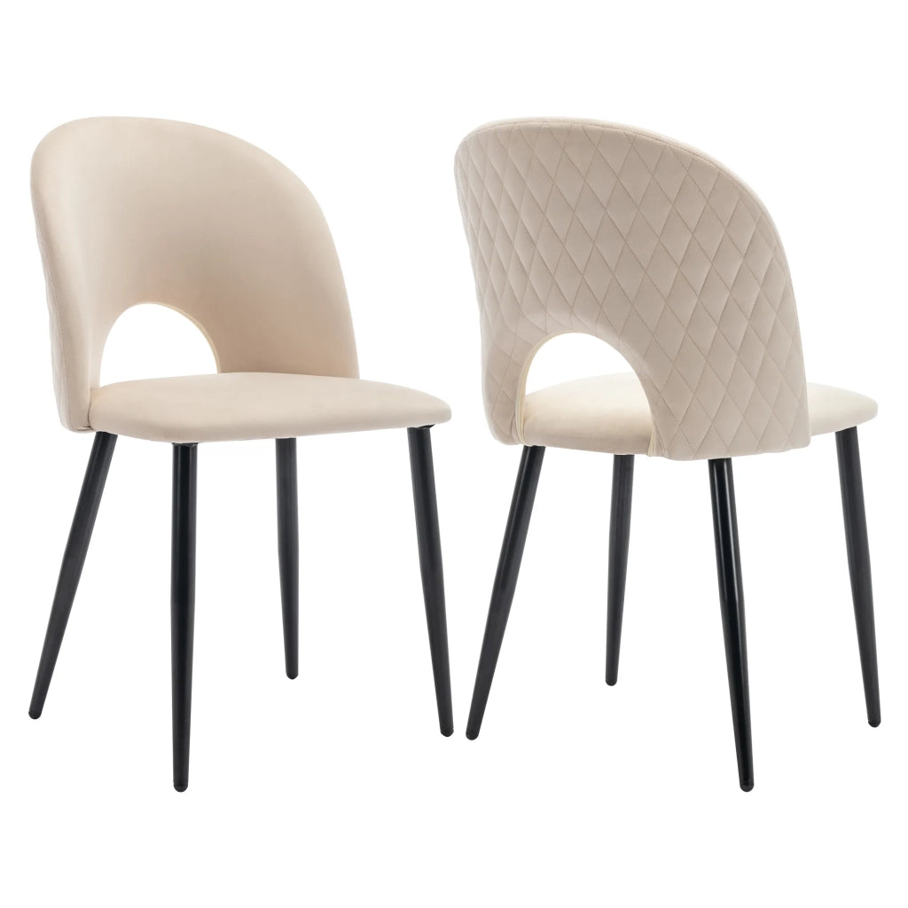 2 Sedie da Pranzo Imbottite, Design con Schienale in Velluto Beige a Motivo Diamante, Struttura in Metallo con Piedini Regolabili