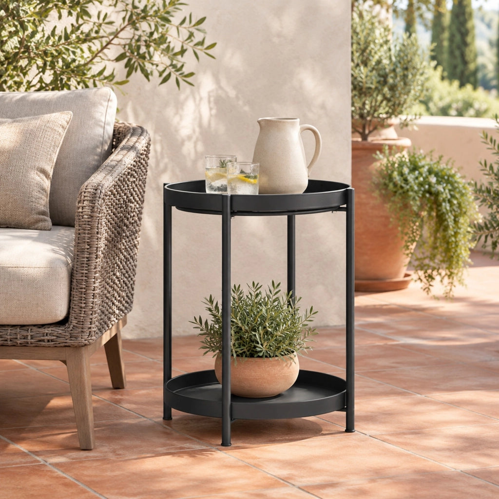 Tavolino rotondo 44x44x56 cm con 2 ripiani in acciaio nero