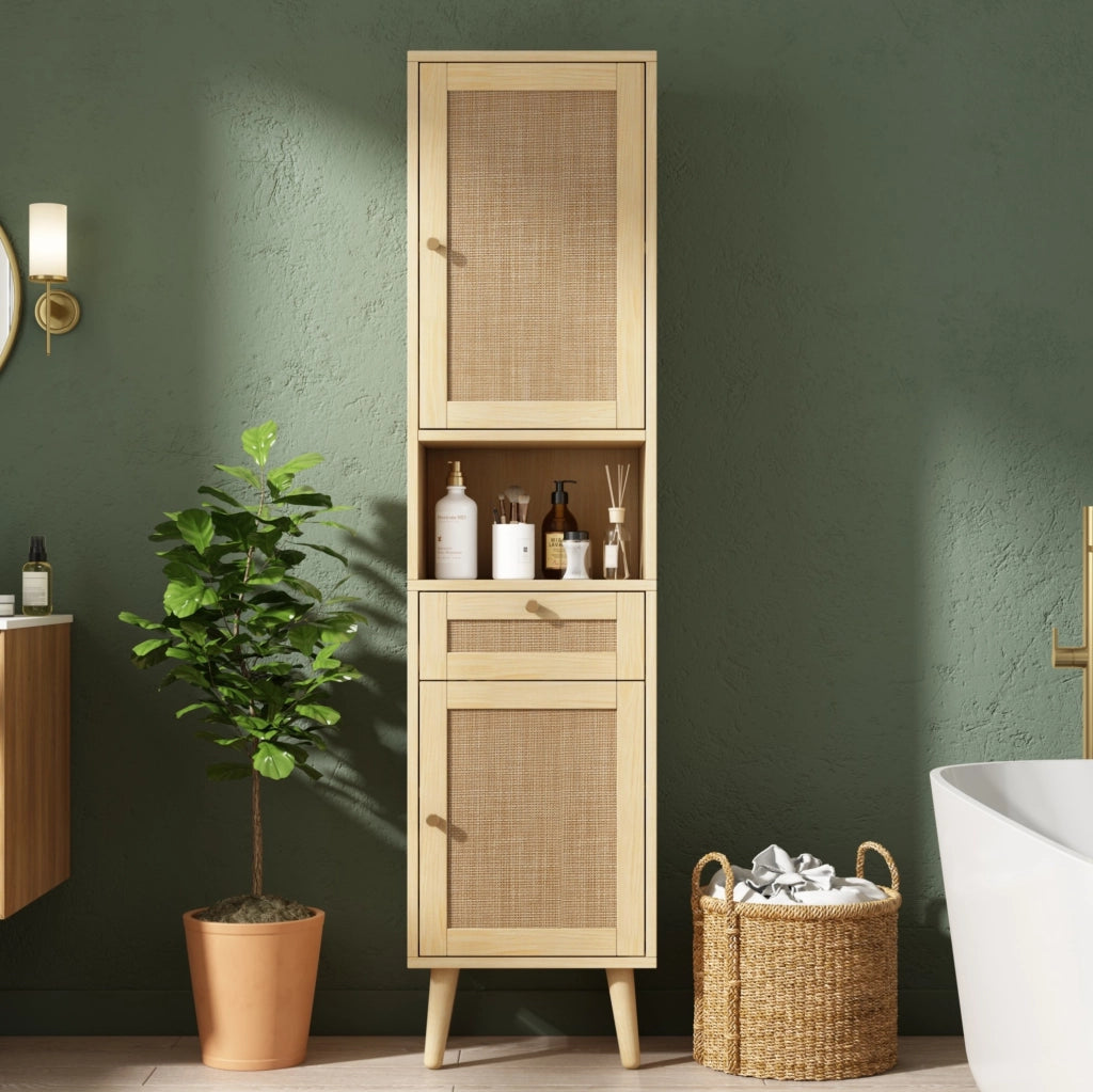 Mobile bagno alto 166 cm con ante in rattan reversibili, cassetto, chiusura magnetica e cerniere soft-close, 40x30x166 cm, colore legno naturale