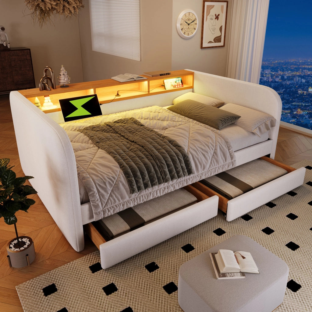 Letto imbottito 140 ¡Á 190 cm con testiera LED porte USB e Type-C due cassetti in lino beige chiaro senza materasso