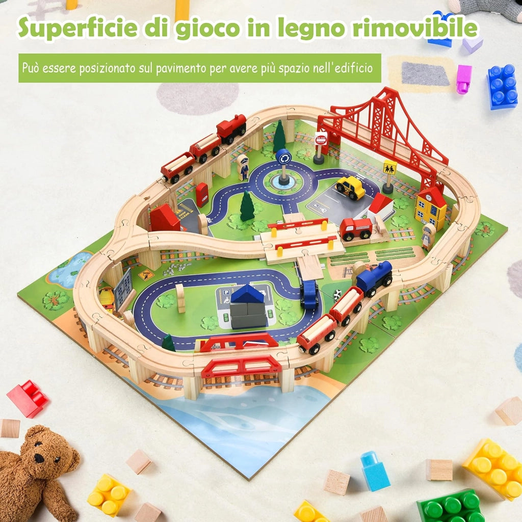 Set Tavolo di Legno con Binari Ferroviari per Bambini, Tavolo Attività e Cassetto con Ruote Bloccabili, con 100 Pezzi Multicolore, Struttura Resistente, Regalo per Bambini +3 anni