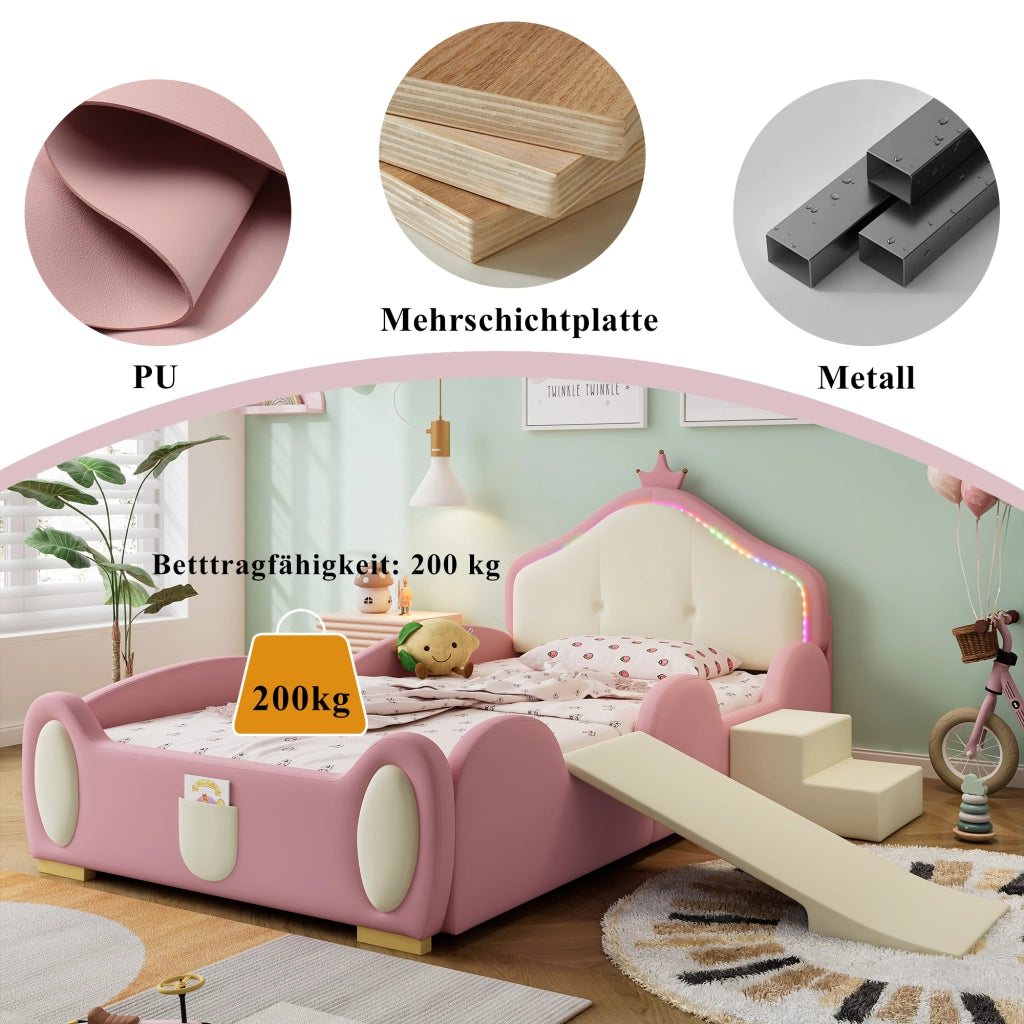 Letto imbottito per bambini 90x200 cm in PU rosa e beige con corona; LED; scivolo e scaletta per cameretta