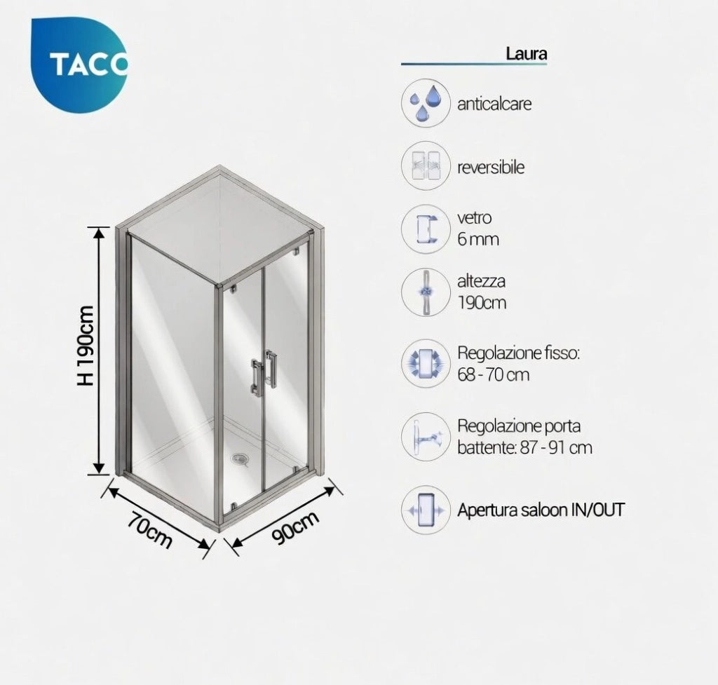 Box Doccia 2 lati 70x90 cm fisso + due battenti h190cm LAURA - Cromato Lucido