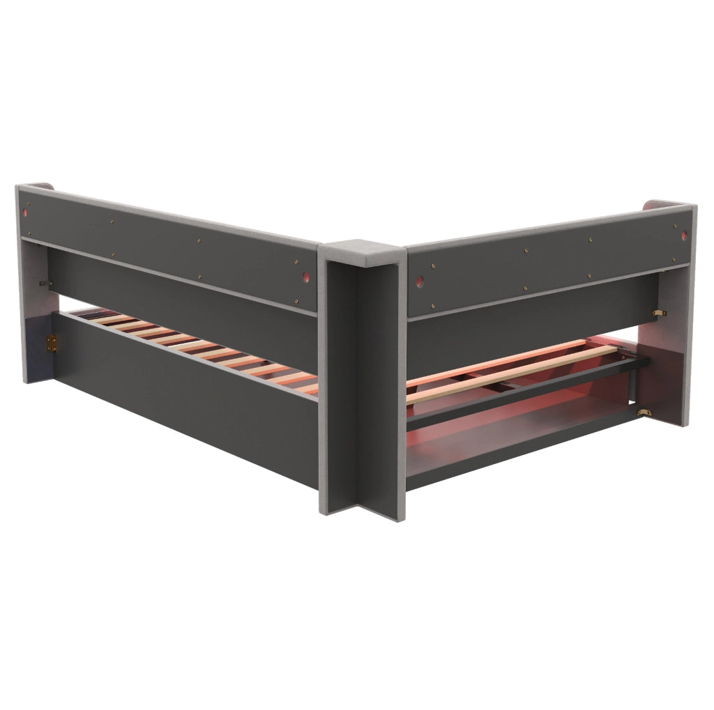Divano letto imbottito ULEVR 140x200 cm con vano idraulico, LED, presa USB e Type-C, velluto grigio chiaro