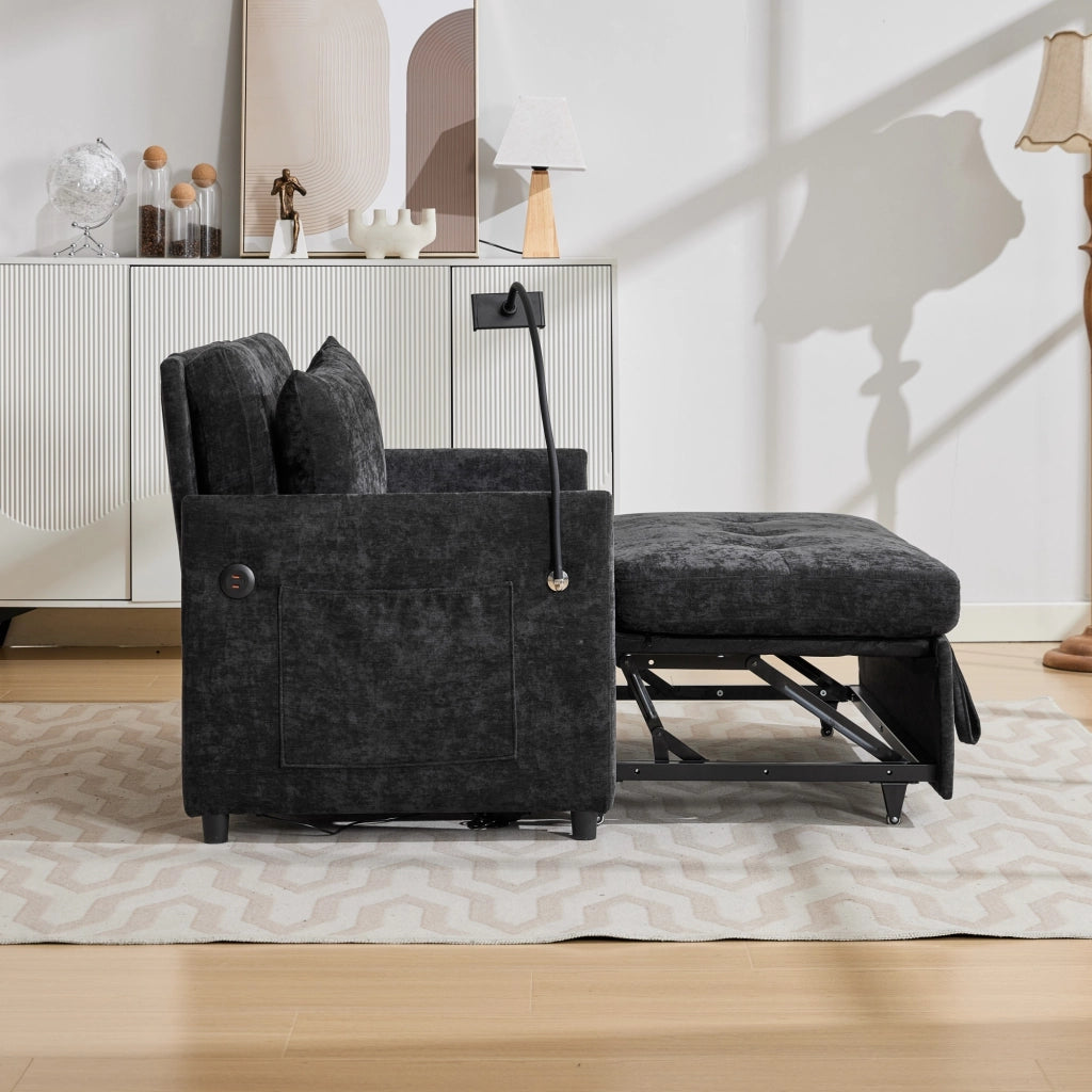 Divano per piccoli spazi in tessuto effetto lino spazzolato nero con porta USB e supporto tablet 83;5 × 109 × 72 cm