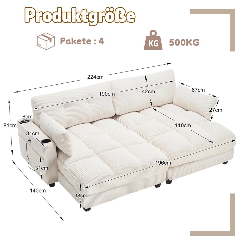 DIVANO Modulare 224x140x81 cm in Corduroy Beige Divisibile in 2 Sedute
