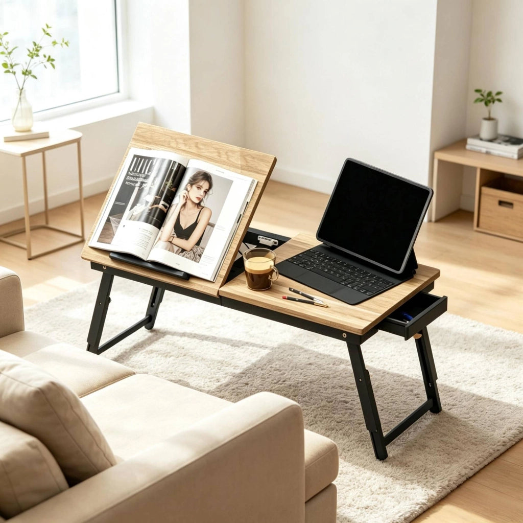 Tavolino da letto per laptop 83;5x33 cm regolabile con cassetto rovere e nero HOMVRA