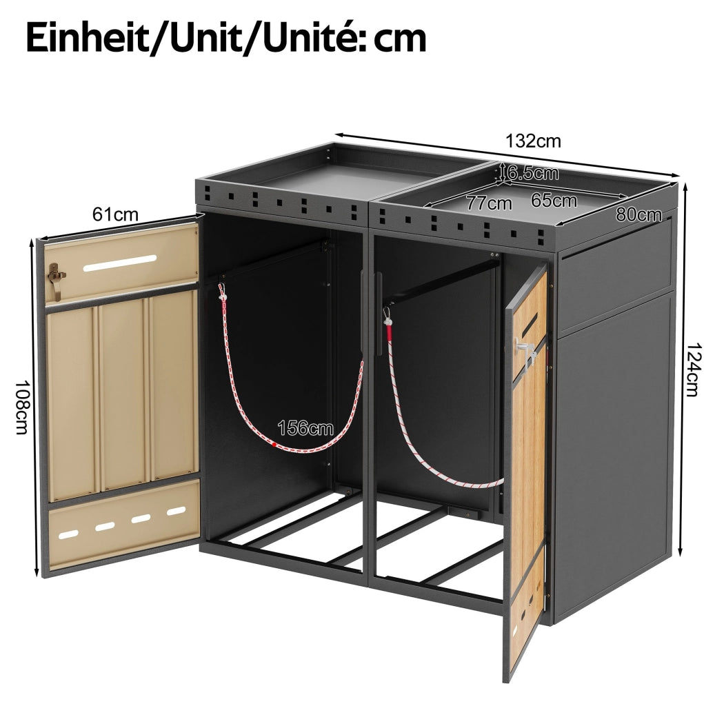 Contenitore per bidoni rifiuti 4 scomparti con copertura per piante, acciaio laminato a freddo, finitura effetto legno, capacità 120-240 L