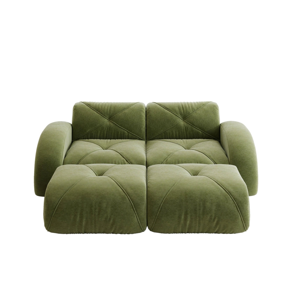 Divano modulare 204x171x76 cm in ciniglia verde con 2 pouf, senza montaggio