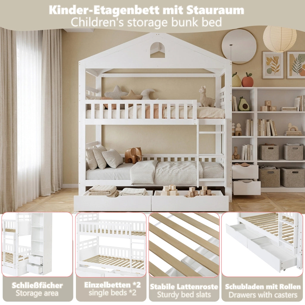Letto a castello per bambini 90 × 200 cm a casetta bianco con scala due cassetti armadio laterale e protezioni