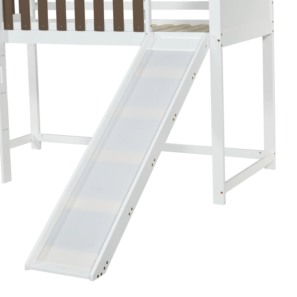 Letto a soppalco 90x200 cm bianco e noce, con scivolo e scala