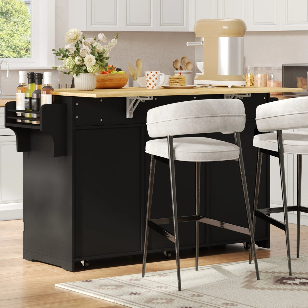 Isola da cucina mobile 136x50/75x92 cm con piano ribaltabile; prese USB; MDF nero/naturale