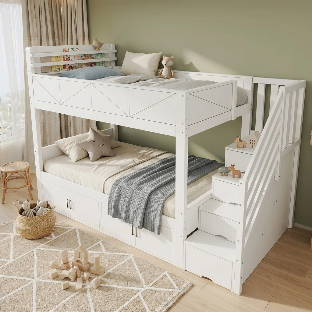 Letto a castello 90 × 200 cm 2 posti con scala contenitore, vani chiusi e ripiano libri, senza materasso, bianco