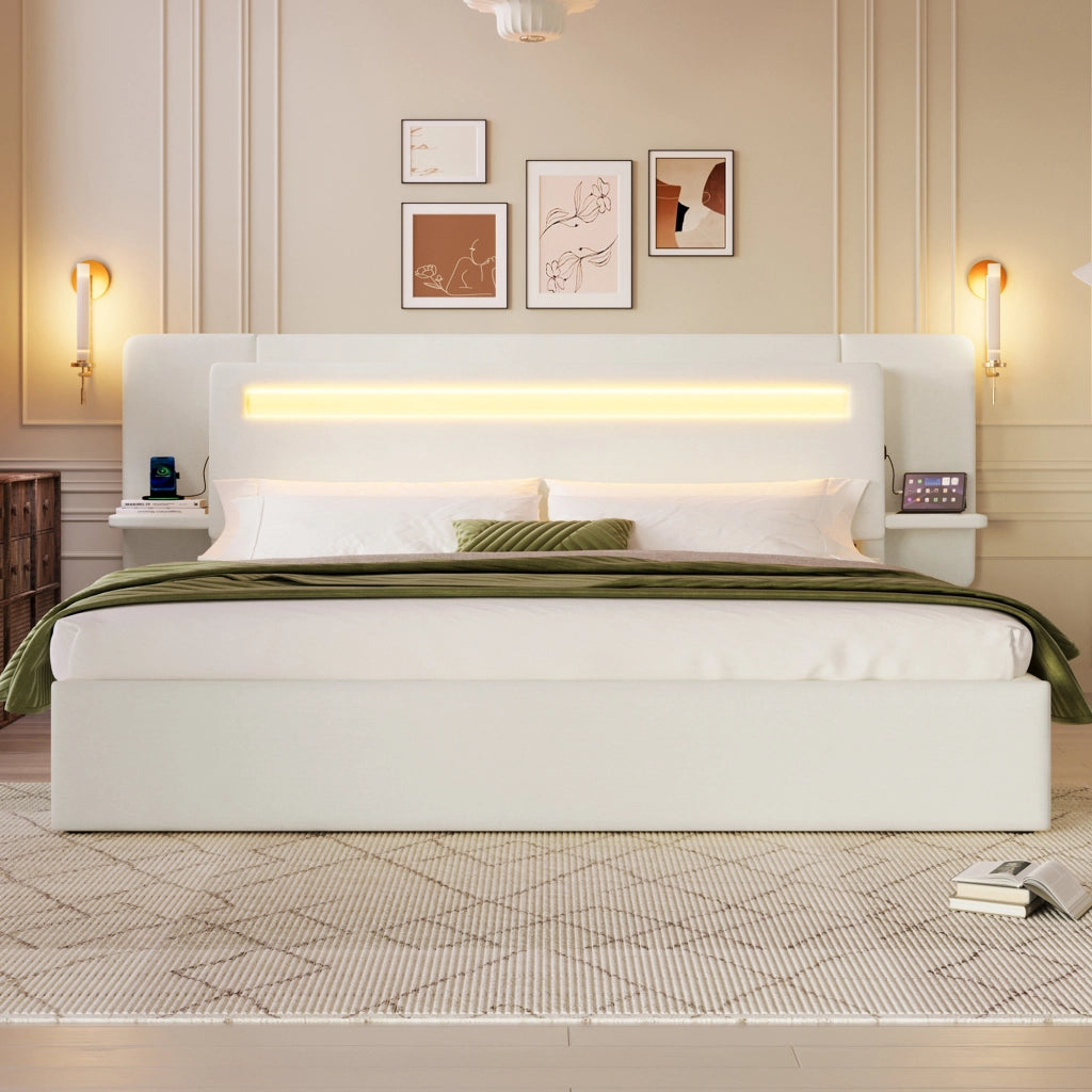 Letto imbottito 180 × 200 cm in lino beige con vano contenitore idraulico LED multicolore USB e comodino