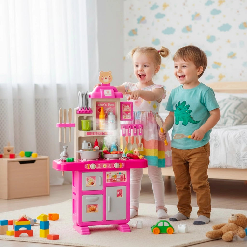 Cucina Giocattolo Per Bambini Con Effetti Luminosi E Suoni Realistici 69 Accessori Rubinetto Con Sistema Di Riciclo Dell'Acqua E Fornelli Per Bambini Dai 3-5 Anni Set Cucina Rosa E Bianco