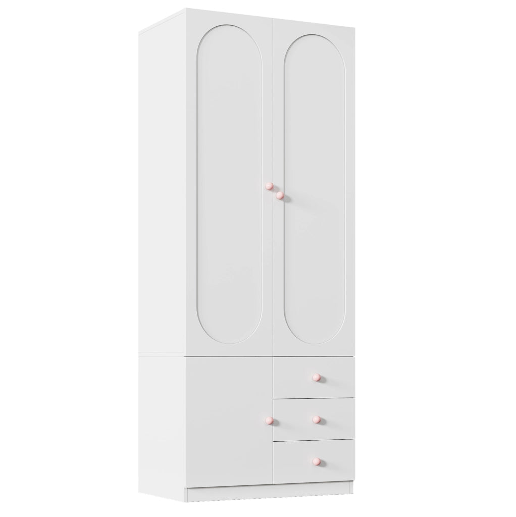 Armadio per bambini bianco con 2 porte, 3 cassetti, pomelli in ceramica rosa, 80×50×200 cm