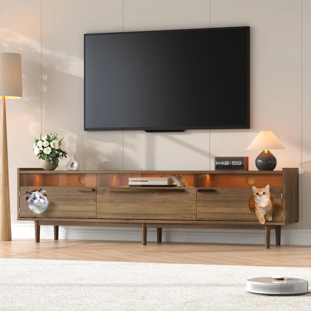 Mobile TV 180x40x50 cm con vano per gatti e illuminazione LED; MDF e vetro temperato; noce