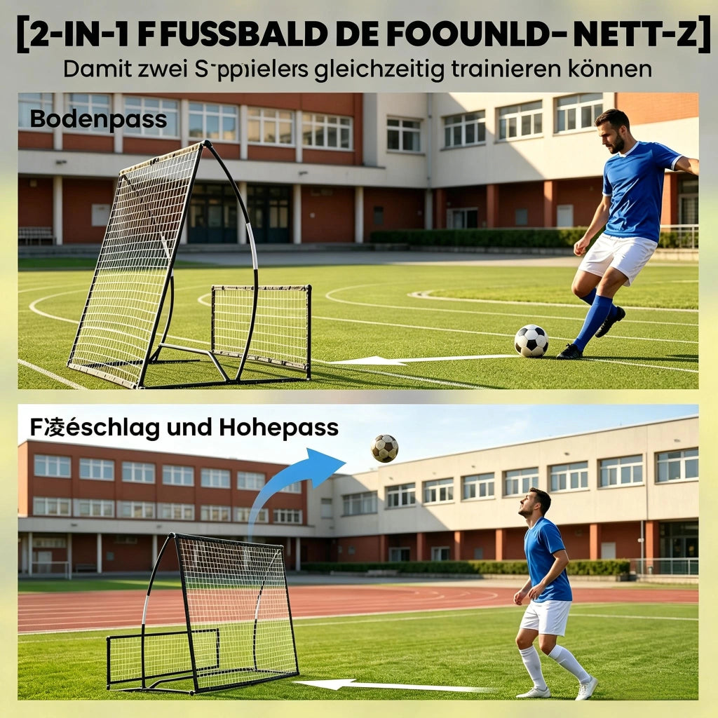 Rete da calcio portatile 2 in 1, a doppia faccia, con borsa per il trasporto e picchetti per il fissaggio a terra, dimensioni 200x94x122/52 cm, nera.