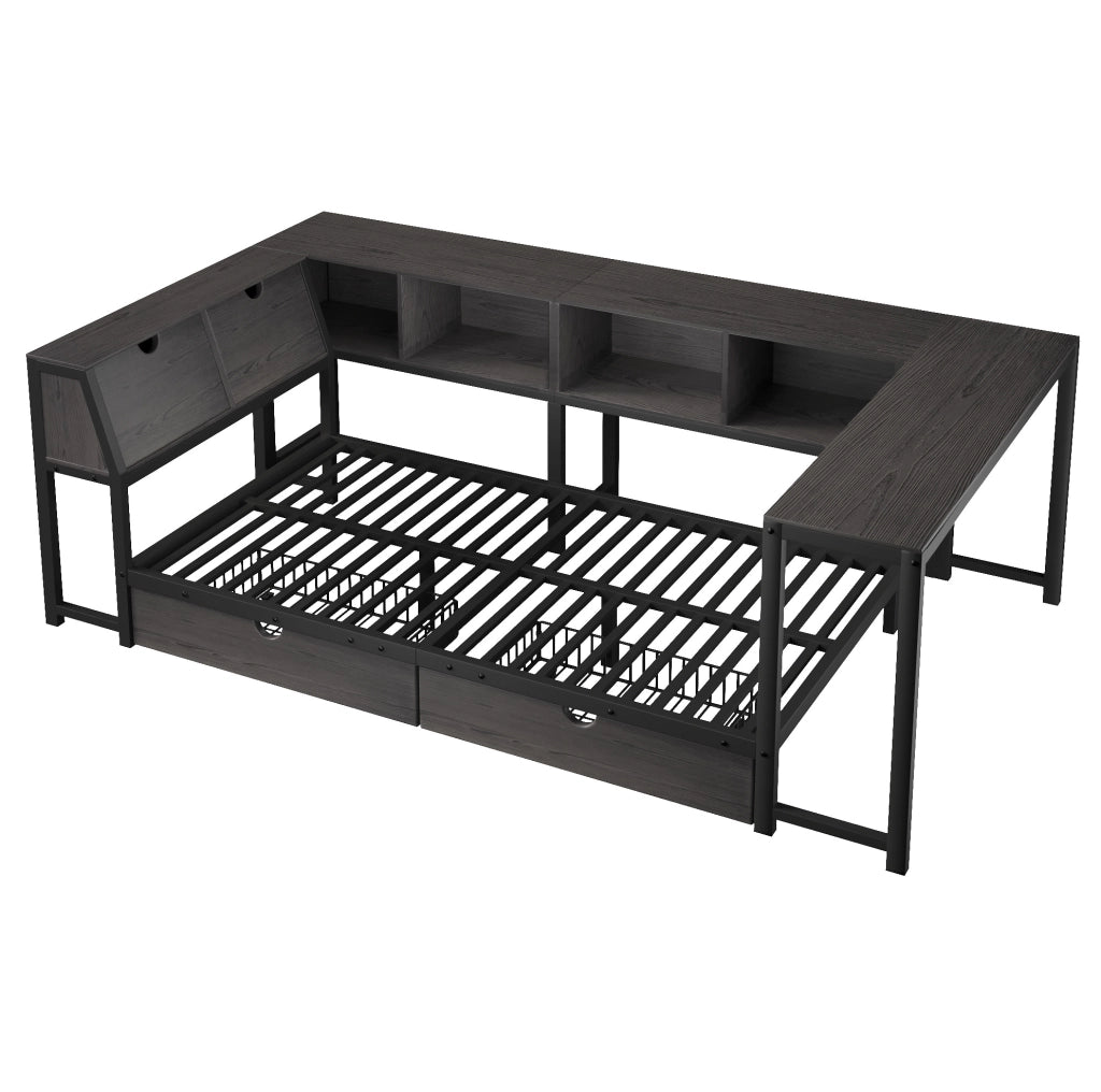 Letto singolo multifunzione 90x200 cm con scrivania; cassetti e LED nero HOMVRA