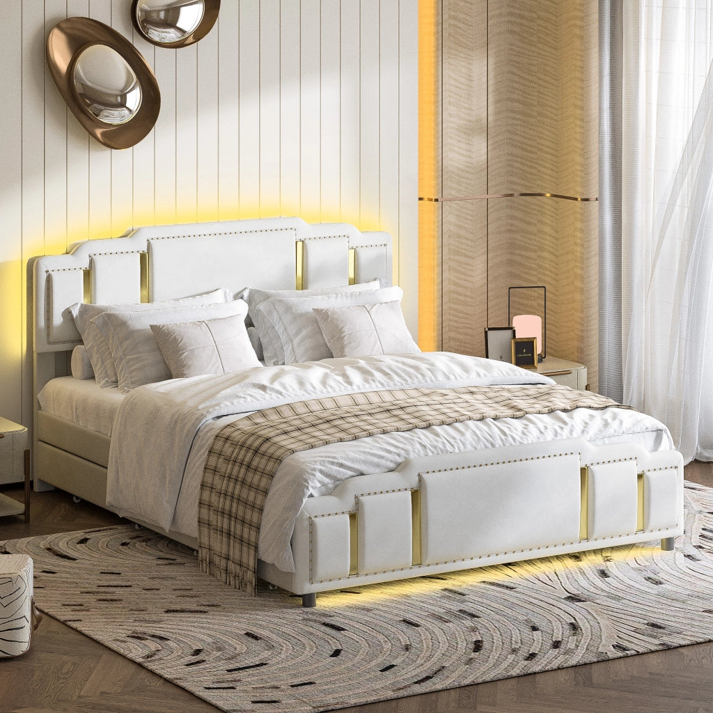 Letto con cassetti 160 × 200 cm in velluto beige con LED a 7 colori e finiture decorative in acciaio inox