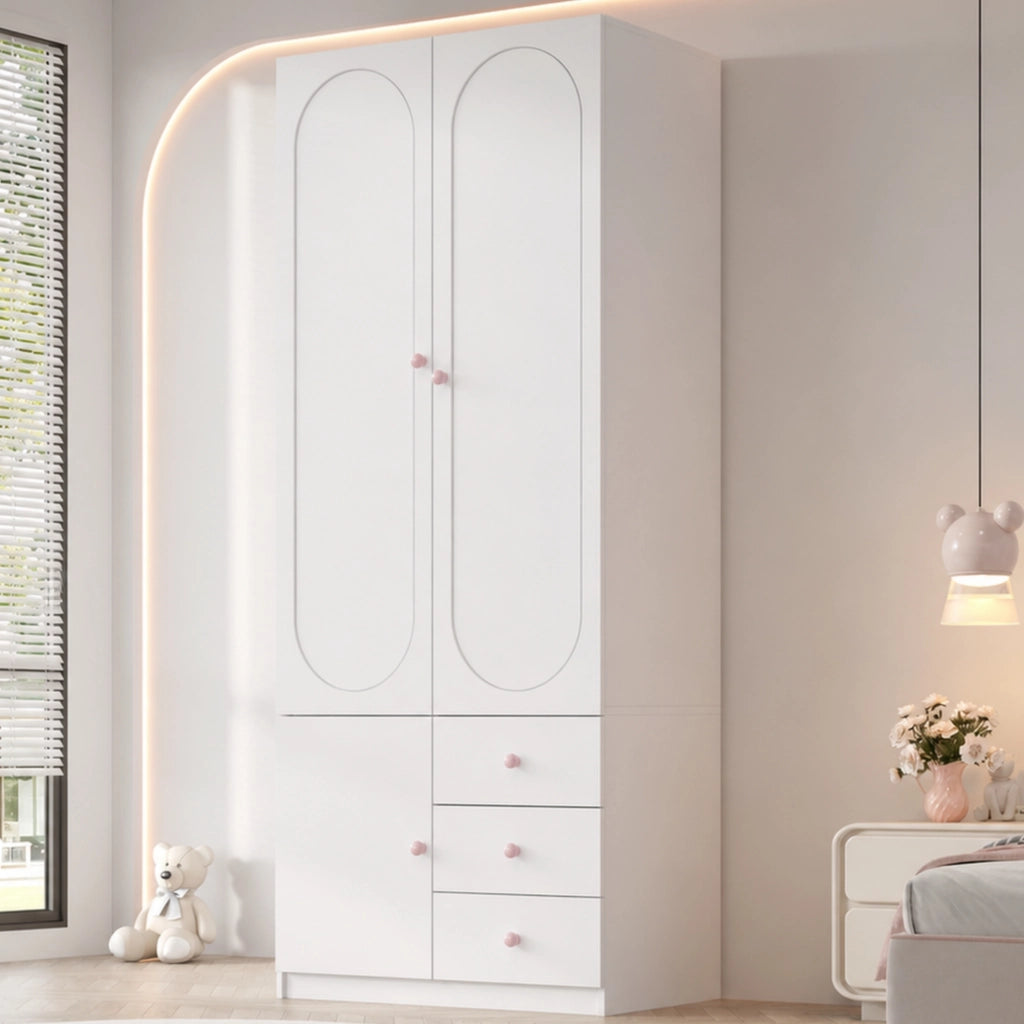 Armadio per cameretta con 2 ante 3 cassetti e appendiabiti in MDF bianco laccato con maniglie rosa 80 × 50 × 200 cm