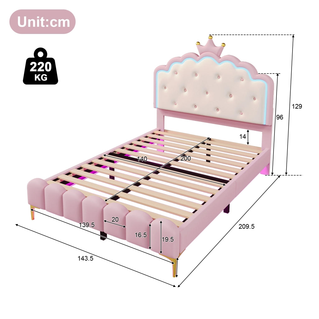 OKWISH Letto Bambini 140×200 cm, Letto Singolo con LED Regolabile, Telecomando e App, senza Materasso, in PU, Rosa