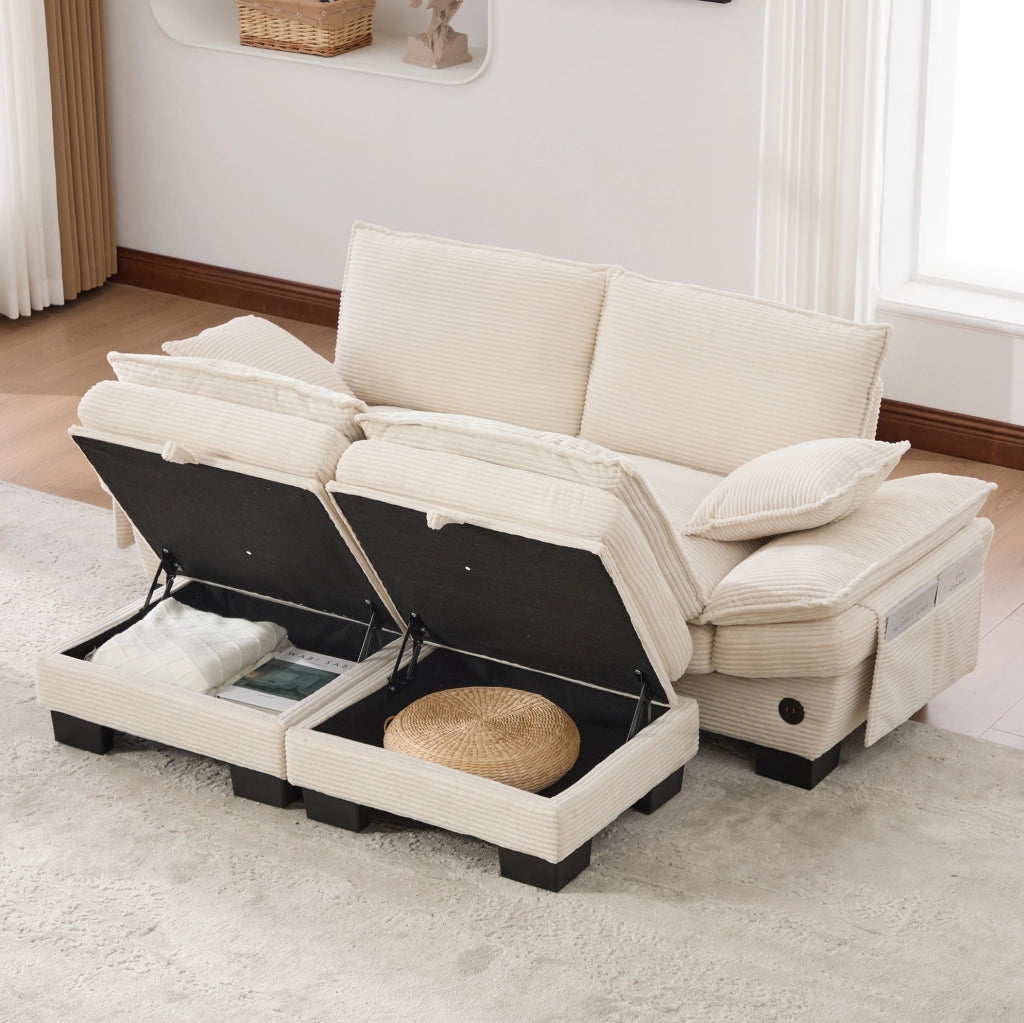 Divano modulare 2 posti 190x132x84 cm in velluto a coste beige con USB-C