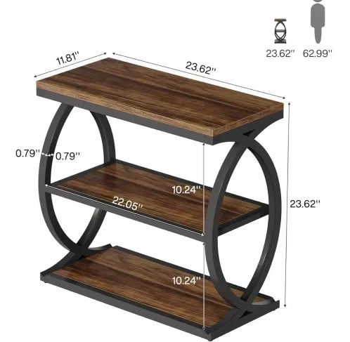 Tavolino Laterale in Stile Rustic Industrial 60 cm con Ripiani Aperti Nero e Legno