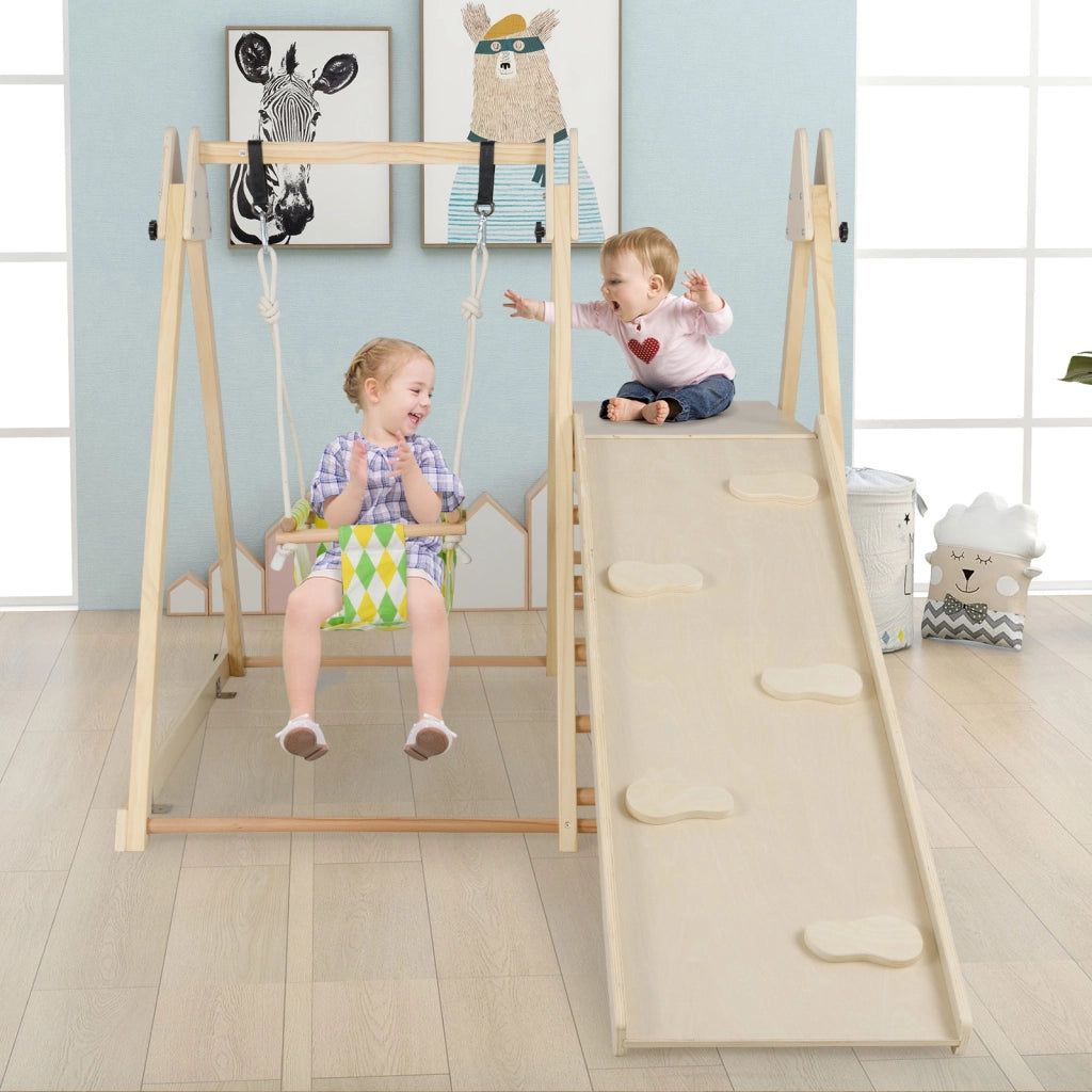 Palestra da interno 4 in 1 per bambini 1+ anni con altalena e struttura da arrampicata, Set Montessori in legno per gioco e attivit¨¤ motorie Naturale