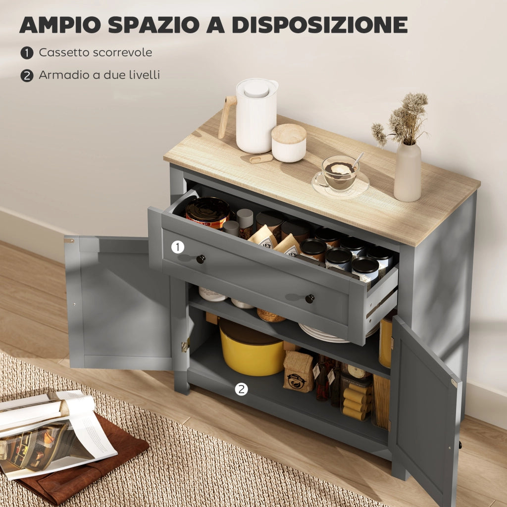 Credenza Cucina con Cassetto e Armadietto con Ripiano Regolabile, in Legno, 78.5x35x80 cm, Multicolore