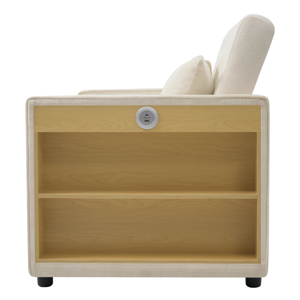 Divano letto 2 posti in ciniglia beige con schienale regolabile, USB, portabevande e 2 cuscini