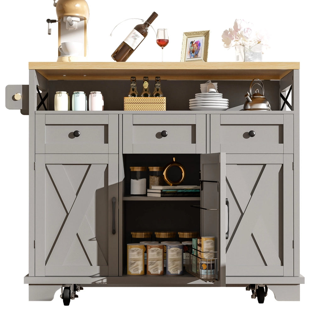 Isola cucina con piano richiudibile 118x43-80x98 cm, carrello multiuso grigio con 3 cassetti e rotelle