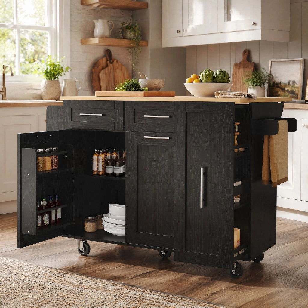 Isola da Cucina con Piano Pieghevole e Ruote Bloccabili 110 x 46 x 90.5 cm Nera - per Cucina
