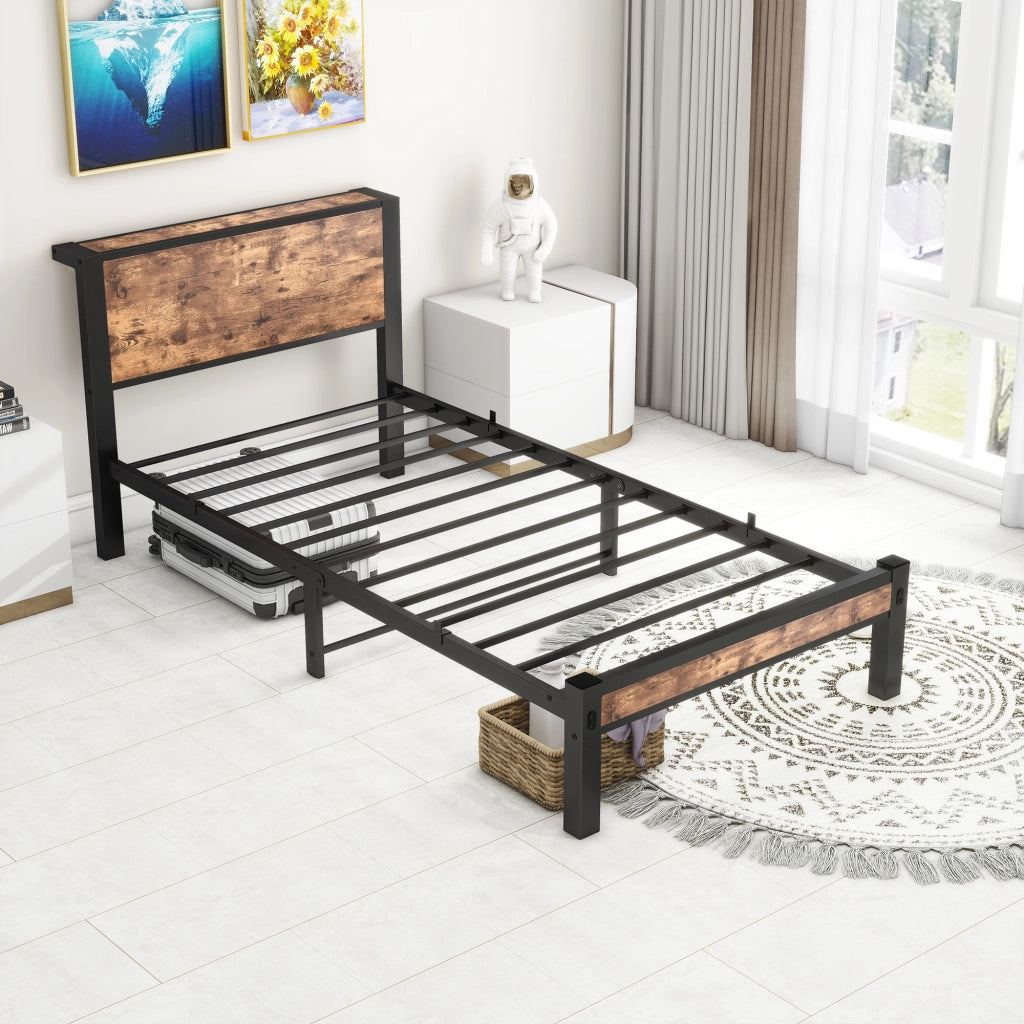 Letto singolo 90 × 200 cm con testiera e pediera in MDF e metallo marrone antico con spazio sottoletto 27 cm