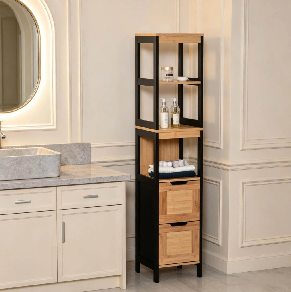 Mobiletto bagno alto in bambù e MDF con 3 ripiani e 2 cassetti, salvaspazio colore naturale e nero, 30x30x144,3 cm