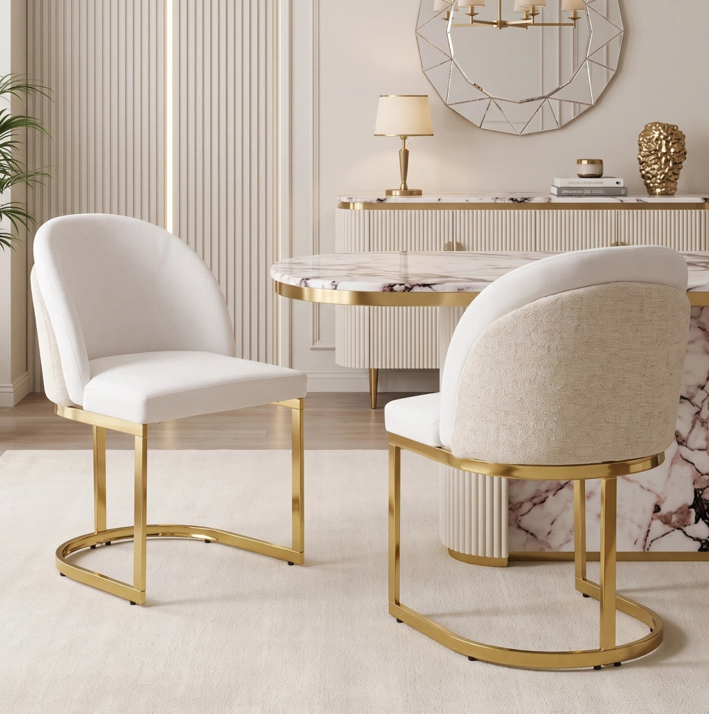 Set 6 sedie da pranzo in ciniglia beige con gambe metalliche dorate HOMVRA