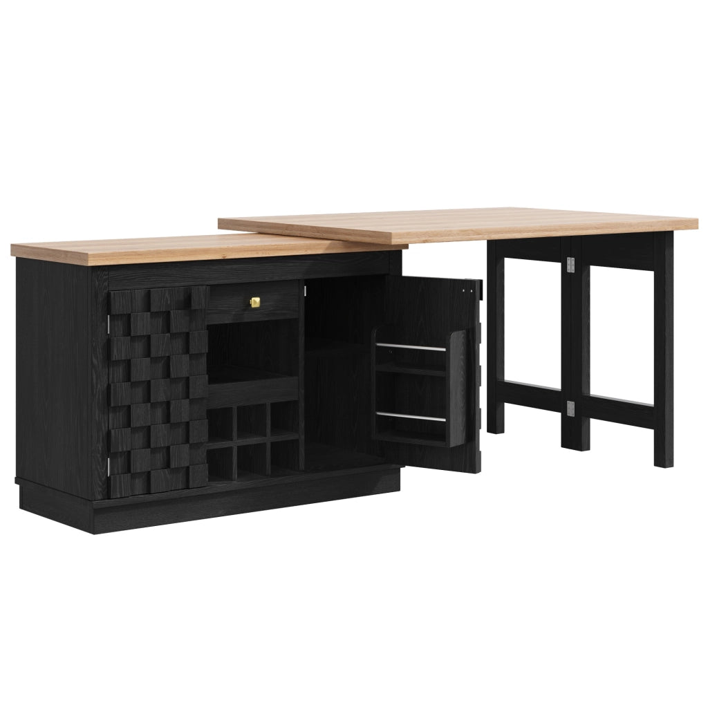 Isola cucina e mobile laterale girevole 360° 120-197cm con ante patchwork, ripiano portabottiglie estraibile e cassetti, rovere chiaro/nero